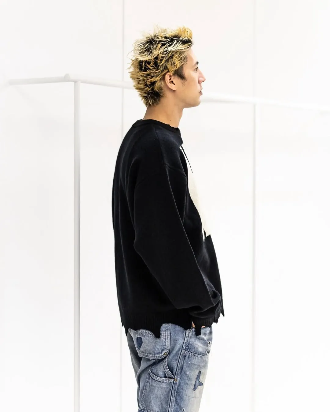 SAINT Mxxxxxx × The KLF KLF_CREW NECK KNIT/BLK KLF joint deconstructed wool sweater, black S-XL, original heel, made of 100% pure wool, natural and warm, wool fabric, dry cleaning or gentle hand washing recommended, completely correct version, customized KLF joint main mark/wash mark, imported special machine embroidery, full three-dimensional, pure hand destruction, deconstructed and shredded